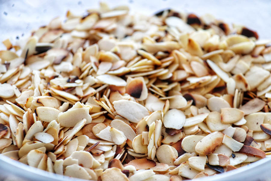 Toasted almond flakes for cheesecake crust and decoration