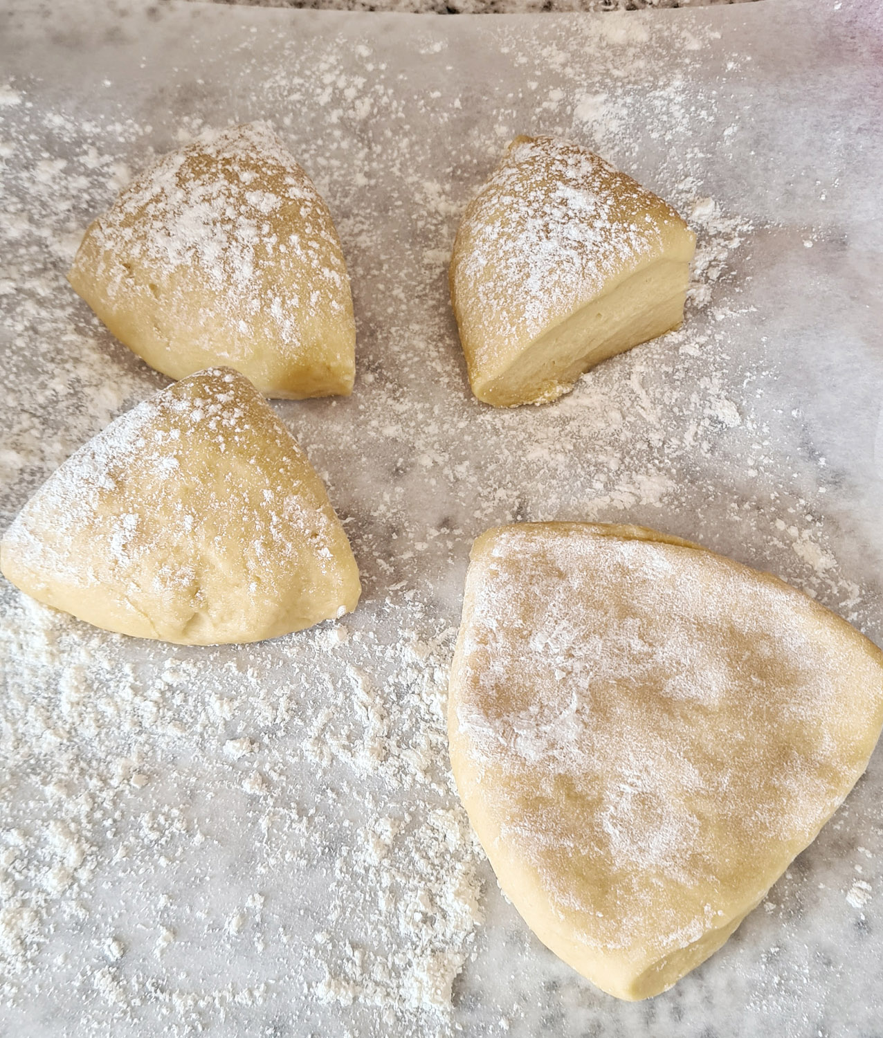 Pasta dough portions lightly dusted with flour.