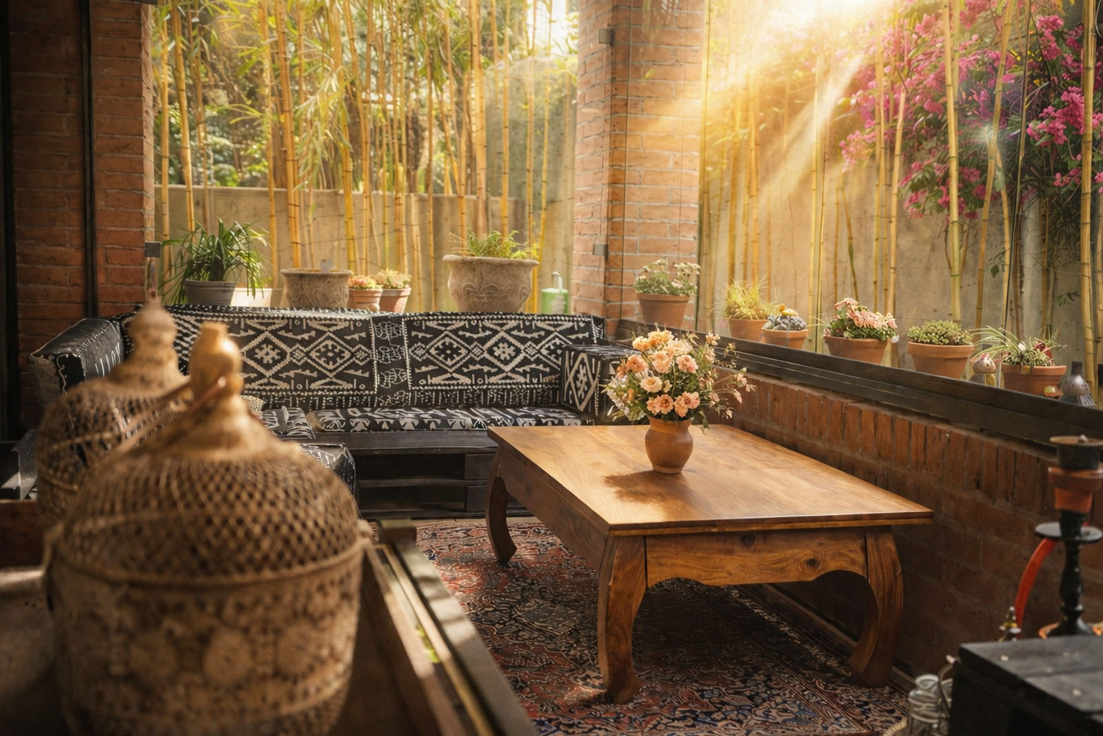 Sunlit winter garden interior with flowers and warm elegant atmosphere