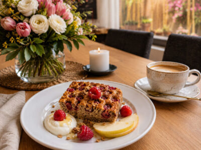 Rustic Apple & Raspberry Oat Bake served with yogurt, fresh fruit and coffee