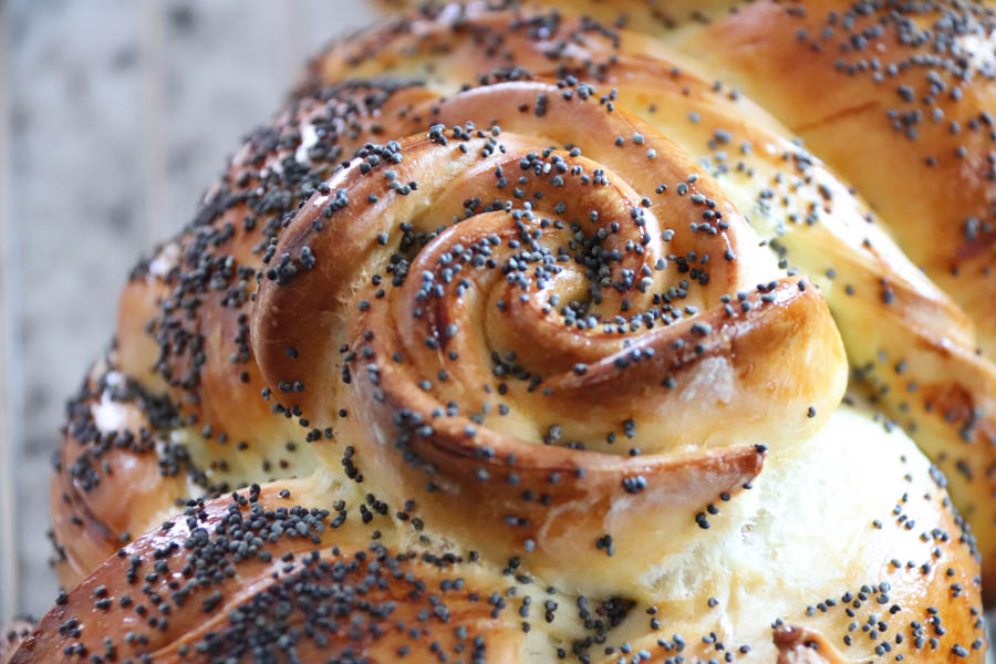 Swiss butter plait with poppy seeds and decorative dough roses