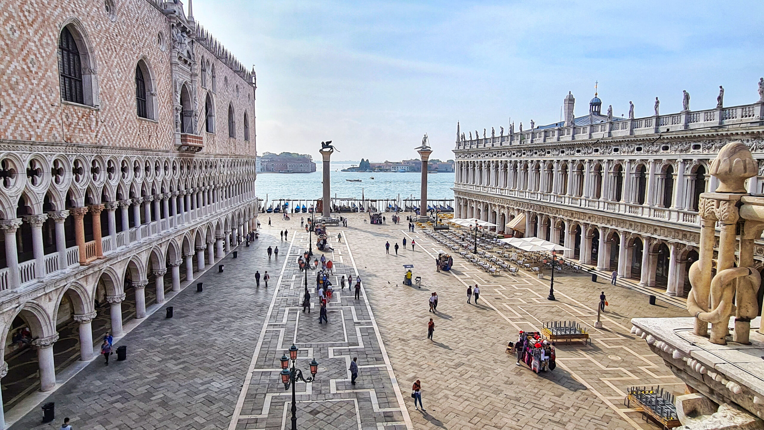 View of St Mark’s Square in Venice with the Doge’s Palace and historic architecture, September 2020.