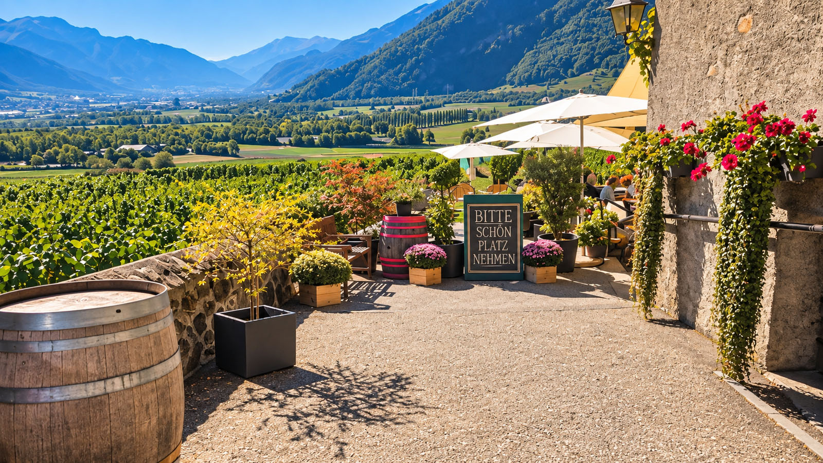 Alter Torkel terrace overlooking the vineyards in Jenins, Graubünden