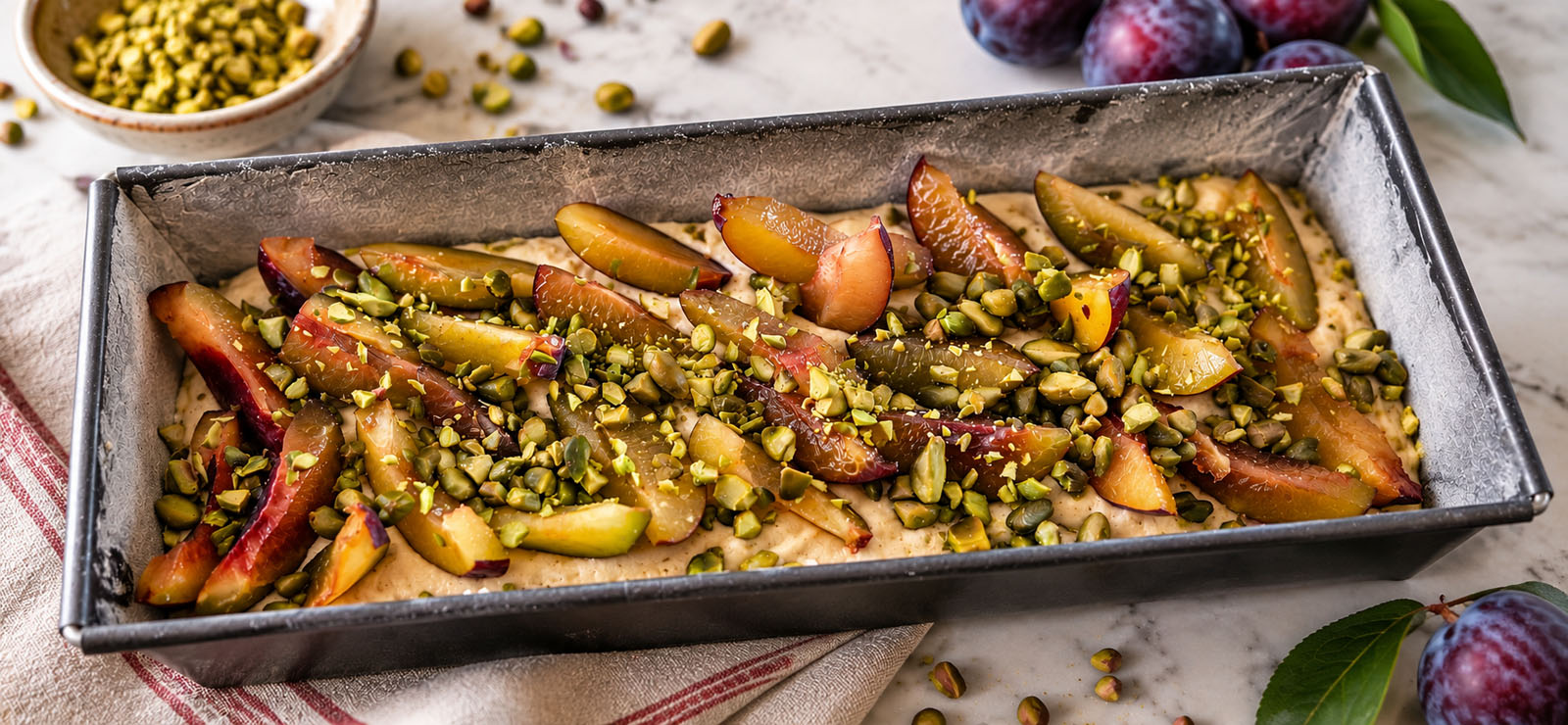 Autumn Plum and Pistachio Cake ready to go into the oven
