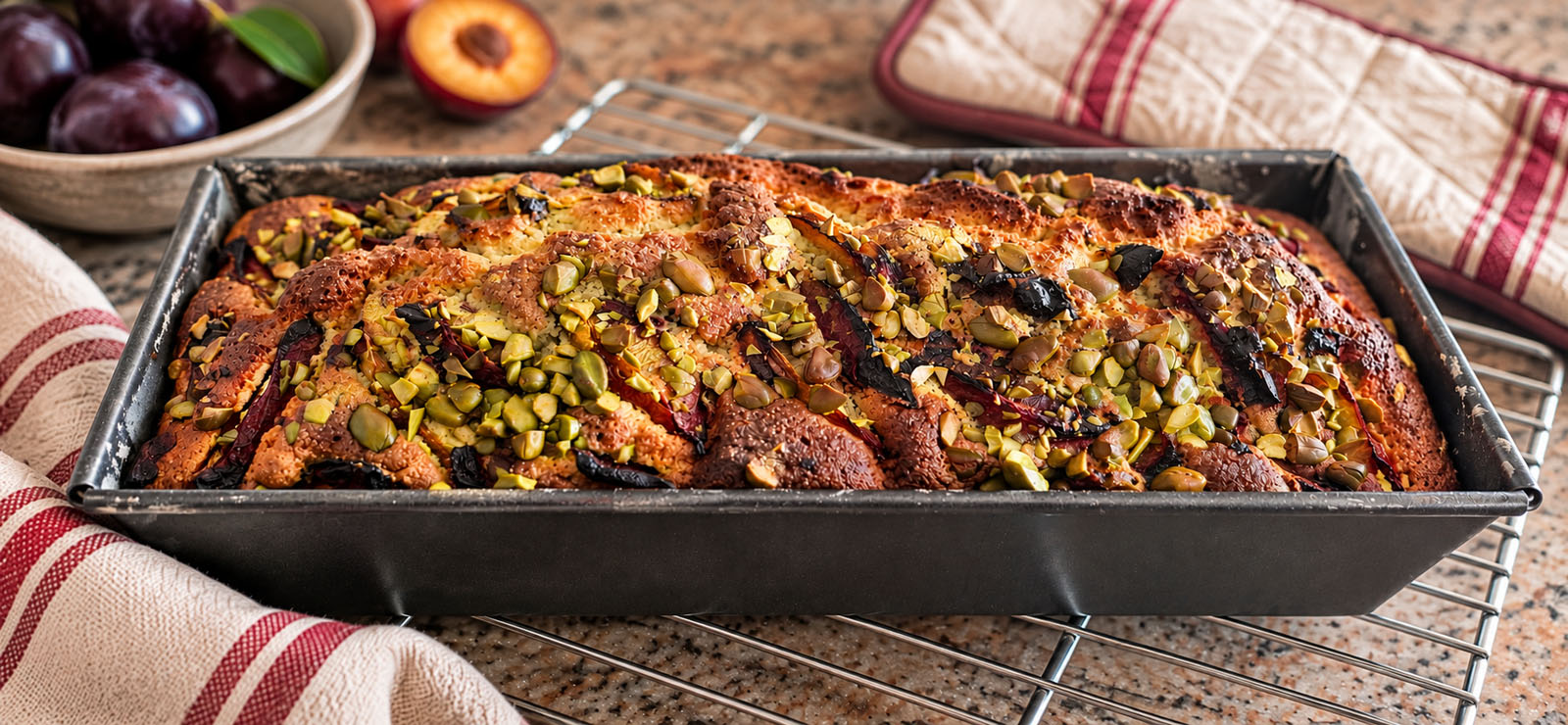 Freshly baked Autumn Plum and Pistachio Cake cooling in its tin