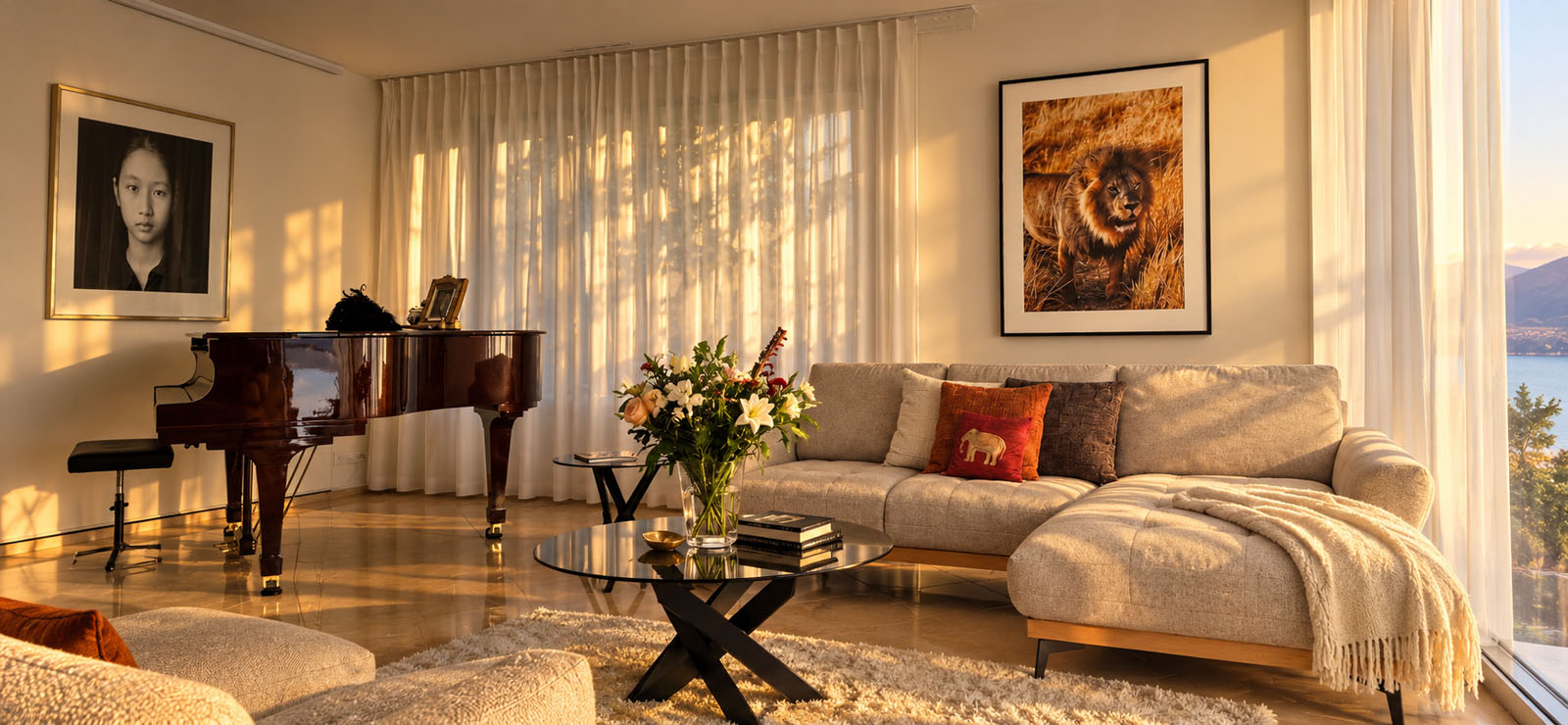 Creative space at home with Boston grand piano and Alessandro Cipriano Botswana lion photography