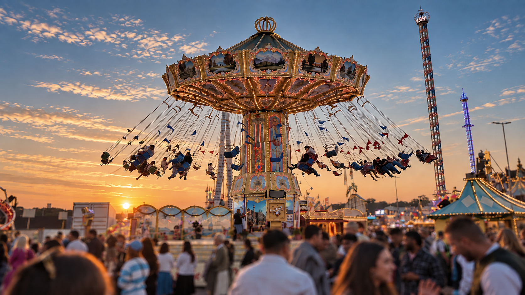 Oktoberfest fairground in Munich at sunset