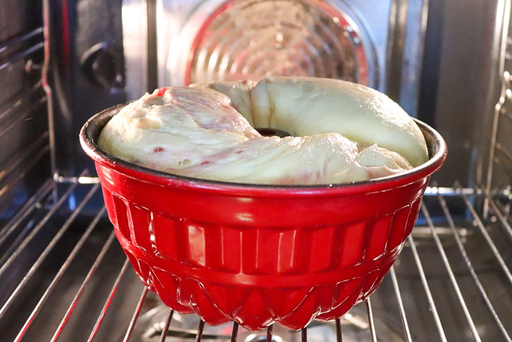 Risen Gugelhopf yeast dough ready for baking