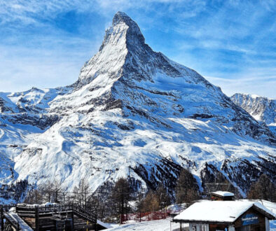 The Matterhorn rising above the snow-covered winter landscape of Zermatt, Switzerland