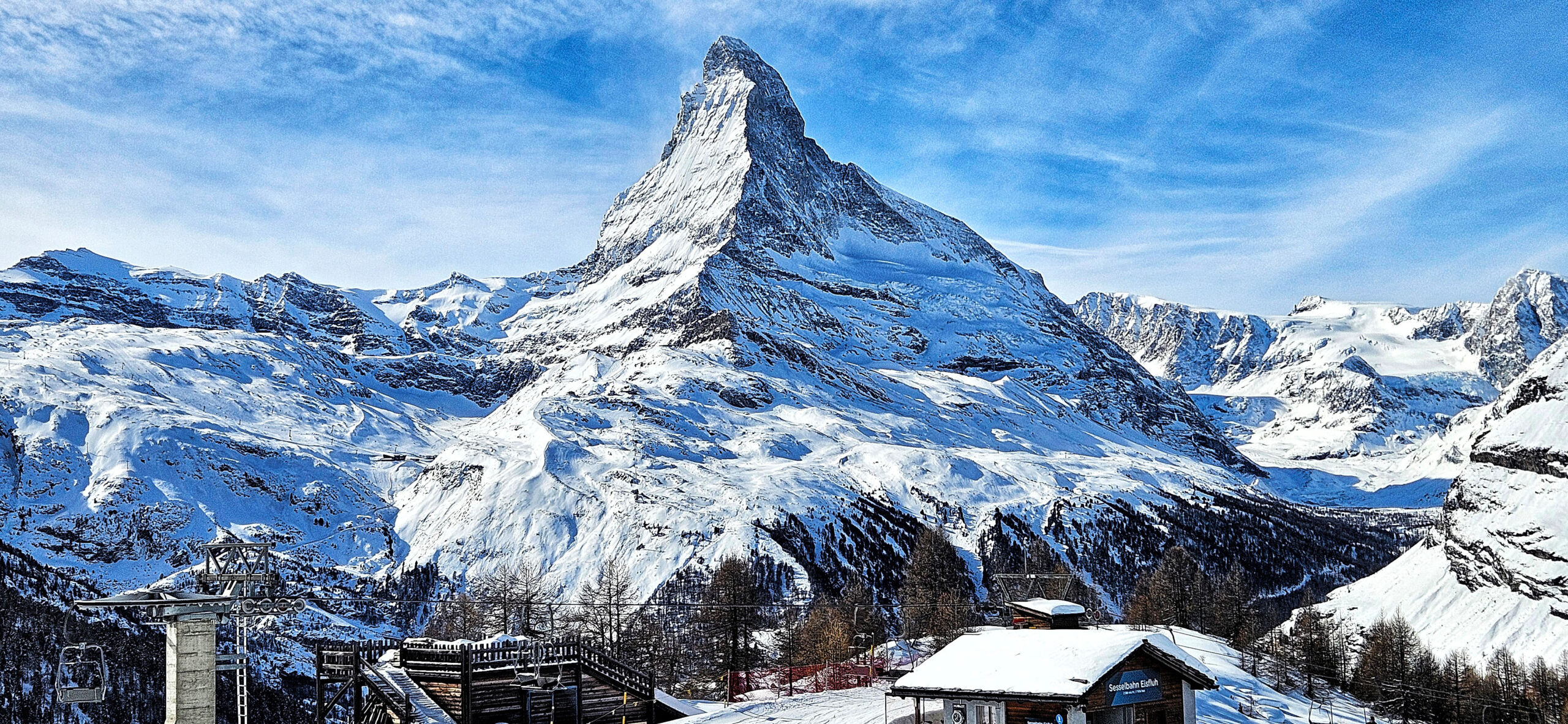 The Matterhorn rising above the snow-covered winter landscape of Zermatt, Switzerland