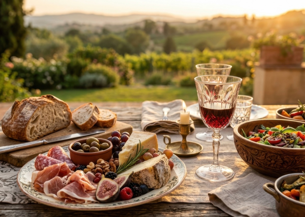 Table with wine overlooking the landscape